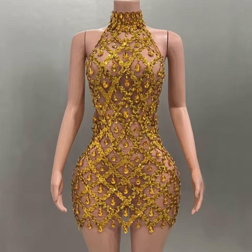 Gold Rhinestone Mesh Dress